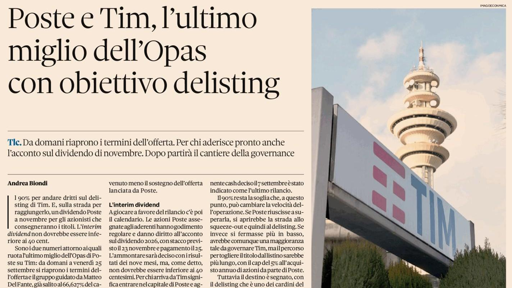 Poste e Tim, l’ultimo miglio dell’Opas con obiettivo delisting