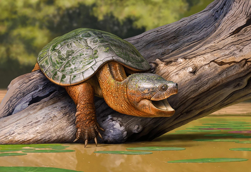 Una ricostruzione di Tavachelydra stevensoni che si crogiola al sole su un tronco in un ambiente acquatico paludoso.