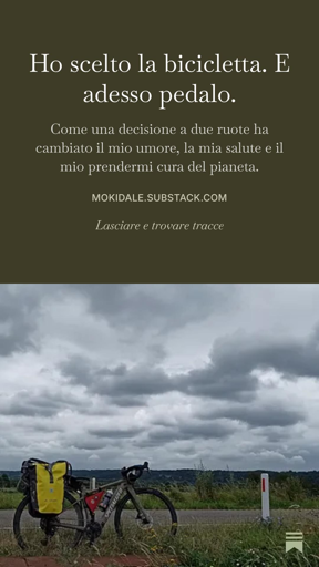 In primo piano una bici e-bike a pedalata assistita con una borsa gialla agganciata. Sullo sfondo un cielo nuvoloso che promette pioggia. Il titolo del post è: Ho scelto la bicicletta.E adesso pedalo.