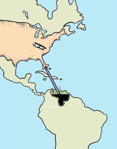 Un cartine cartoon mostra Nord America e Sud America con elementi antropomorfi. Gli Stati Uniti sono rappresentati come un volto con un solo occhio e un naso; un oggetto a forma di cannuccia succhia da quest'ultimo, una sostanza scura in Central America. L'area in Central America mostra una forma nera con un ambiente verdeggiante. L'oceano è blu chiaro, mentre le piattaforme continentali sono beige, inclusi Canada, Messico e parti del Sud America.