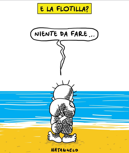 Nel disegno, Handala osservando l'orizzonte sul mare non vedendo arrivare nessuno commenta: "Niente da fare..."