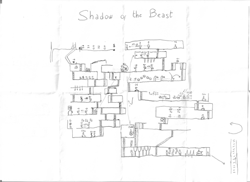 Una mappa disegnata a mano dello stage delle caverne di Shadow of the Beast, tratto nero su sfondo bianco.