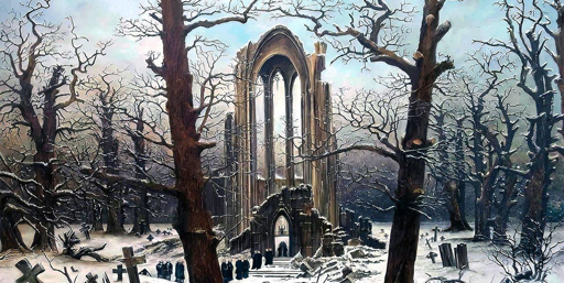 Dipinto che mostra rovine di una chiesa gotica in un bosco innevato. Della chiesa rimane una abside con alcune ampie finestre; la neve è appena caduta e in quantità non particolarmente alta, il cielo inizia a rasserenarsi e dietro le rovine le nuvole lasciano spazio all'azzurro