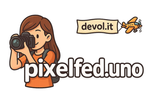 The image shows a cartoon-style illustration featuring a person holding a camera, a banner with text, and another text overlay. The person has long brown hair and wears an orange shirt with a backpack, holding a black camera. To the right of the person, a beige banner displays "devol.it" attached to a small orange airplane with blue accents. Below the person, the text "pixelfed.uno" is presented in large white letters with a dark outline. The background is plain white.