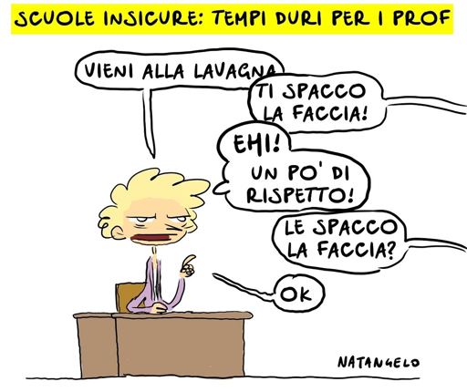 Nel disegno, una professoressa si rivolge ad uno studente: "Vieni alla lavagna".
"Ti spacco la faccia!", le risponde lui.
"Ehi! Un po' di rispetto!", gli intima la prof.
"Le spacco la faccia?", chiede l'alunno.
"Ok", conclude l'insegnante.