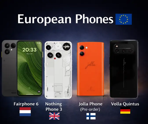 Fairphone 6 Netherlands, Nothing Phone 3 Britain, Jolla Phone Finland, Volla Quintus Germany.