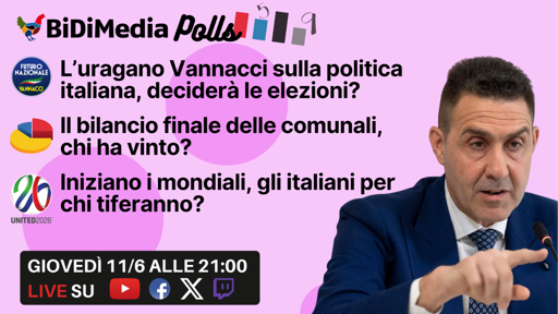 🔴 Vannacci boom nei sondaggi, sarà decisivo alle prossime elezioni? - Polls
Tanti temi per questa nuova puntata di polls:

Il bilancio finale delle comunali 2026, chi ha vinto e chi ha perso?

Vannacci continua a salire nei sondaggi, sarà lui a decidere le prossime elezioni politiche?

Con Messico - Sudafrica si apre il mondiale 2026, gli italiani orfani per la terza volta della nazionale per chi faranno il tifo?

Con Federica Trezza (team BiDiMedia) e Francesco Luchetta (Data Analyst BiDiMedia)

questa sera, alle ore 21.00