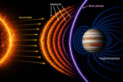 Fisici dell'Università dell'Iowa hanno effettuato le osservazioni più dettagliate mai fatte dello shock di prua di Giove, una barriera che contribuisce a deviare le particelle nocive provenienti dal Sole. L'illustrazione mostra come Giove impieghi una serie di regioni, chiamate "shocklets", per interagire con il vento solare e rallentarlo prima che incontri il principale shock di prua del pianeta.