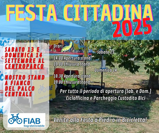 Volantino dell'iniziativa. Sullo sfondo una foto dello stand.

In primo piano varie scritte con le informazioni del toot.

In più: "nostro stand a fianco del palco centrale"
"Venite alla festa a piedi o in bicicletta"