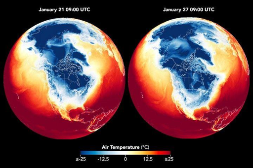 Le aree in blu scuro indicano le temperature dell’aria al suolo più basse. Le brevi pulsazioni mostrano il riscaldamento e il raffreddamento quotidiani, mentre il pattern più ampio rivela l’aria fredda che si diffonde verso sud ed est e persiste per gran parte della settimana.