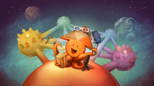 An animated space scene featuring a central orange octopus-like character on a large orange planet. The character wears a conical hat with blue and red 3D glasses, holds a striped popcorn container, a smartphone on a tripod, and a microphone. Surrounding the planet are four distinct celestial objects: a yellow spiky body with crystals, a light blue spiky body, a purple spiky body with pink accents, and a larger planet with cloud patterns in the background. The backdrop consists of a starry sky with purple and teal nebula-like colors. No text is visible in the image.