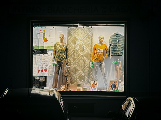 L’immagine mostra la vetrina di un negozio di abbigliamento e biancheria. Ci sono due manichini: quello a sinistra indossa una maglia verde fantasia e pantaloni beige, mentre quello a destra porta una maglia arancione con una stampa bianca e pantaloni chiari. Dietro di loro c’è un grande tappeto decorativo appeso come sfondo. Ai lati della vetrina sono esposti articoli di biancheria per la casa, tra cui asciugamani ricamati e biancheria intima. Sotto, sulla base della vetrina, ci sono alcune confezioni di intimo femminile e un piumino verde piegato. Davanti alla vetrina si vedono due automobili parzialmente in ombra.