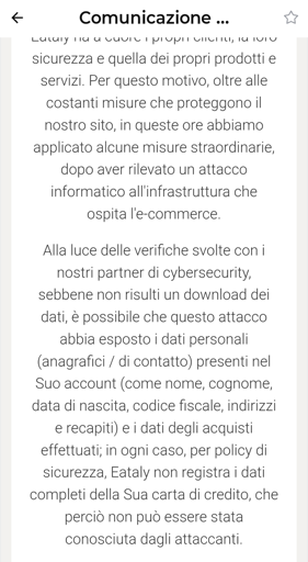 Comunicazione di violazione dati da Eataly