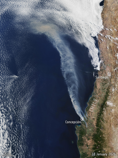 Questa immagine, acquisita da Copernicus Sentinel-3 il 18 gennaio 2026, mostra nubi di fumo prodotte dagli incendi boschivi lungo la costa del Chile.