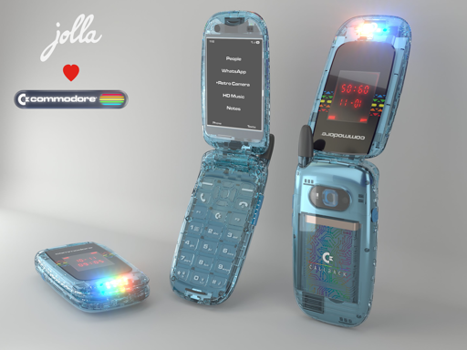 Tre telefoni cellulari a conchiglia trasparenti di colore azzurro sono disposti su uno sfondo grigio chiaro. Il telefono a sinistra è chiuso e mostra luci colorate che filtrano attraverso il materiale. Il telefono centrale è aperto e visualizza uno schermo con i testi "11:15", "People", "WhatsApp", "Retro Camera", "HD Music" e "Notes". Il telefono a destra mostra un piccolo schermo con "50:60" e "11-01", un'antenna nera e la scritta "CALLBACK". In alto a sinistra sono presenti la scritta "jolla" in bianco, un cuore rosso e il logo "commadore" con una striscia multicolore.

