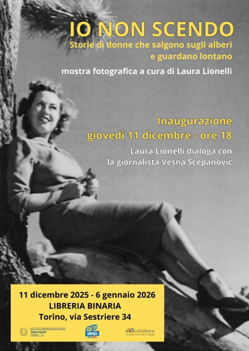 Sullo sfondo una foto in bianco e nero di una donna sorridente seduta su un ramo ed appoggiata al tronco di un albero.

In basso i loghi dell'istituto comprensivo Padre Gemelli, Binaria e Iren collabora.