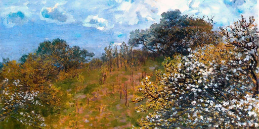 celebre dipinto di Monet dedicato alla primavera, ci mostra in primo piano due cespugli fioriti di bianco, su una collina dove sul prato spiccano alti steli fioriti, ed alcuni alberi in lontananza; il cielo cosparso di nuvolette bianche