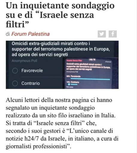 Sionisti italiani di Israele su Telegram sondaggio su favorevoli ad omicidi extra-giudiziari