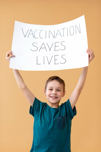 A smiling boy holds a sign that says "VACCINATION SAVES LIVES," against an orange background.