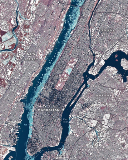 L’OLI (Operational Land Imager) su Landsat 8 ha catturato questa immagine del paesaggio invernale intorno a mezzogiorno del 28 gennaio. L’immagine è a falsi colori (bande 5-4-3) per distinguere il ghiaccio (azzurro chiaro) dall’acqua libera e dalla neve. La vegetazione appare rossa. Il ghiaccio è abbondante nell’Hudson ed è visibile in quantità minori nell’East River, nel bacino Jacqueline Kennedy Onassis a Central Park e nei corsi d’acqua del New Jersey.
