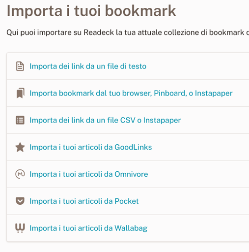 importazione bookmark su Readeck