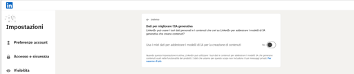 Pagina delle impostazioni di linkedin dove si può negare il consenso all'utilizzo dei propri dati personali sulla piattaforma per l'addestramento dell'IA.