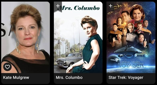 Tre immagini:
1) primo piano di Kate Mulgrew
2) Locandina della serie "Mrs. Columbo", con la protagonista che guarda l'obiettivo girandosi di lato, sullo sfondo un paseaggio alberato ed una strada con un'auto
3) Locandina della serie "Star Trek: Voyager" con tutto il cast e l'astronave 
